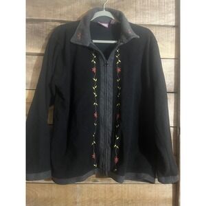 Premier International Womens Black Fleece Jacket‎ Embroidered Flowers Size L
